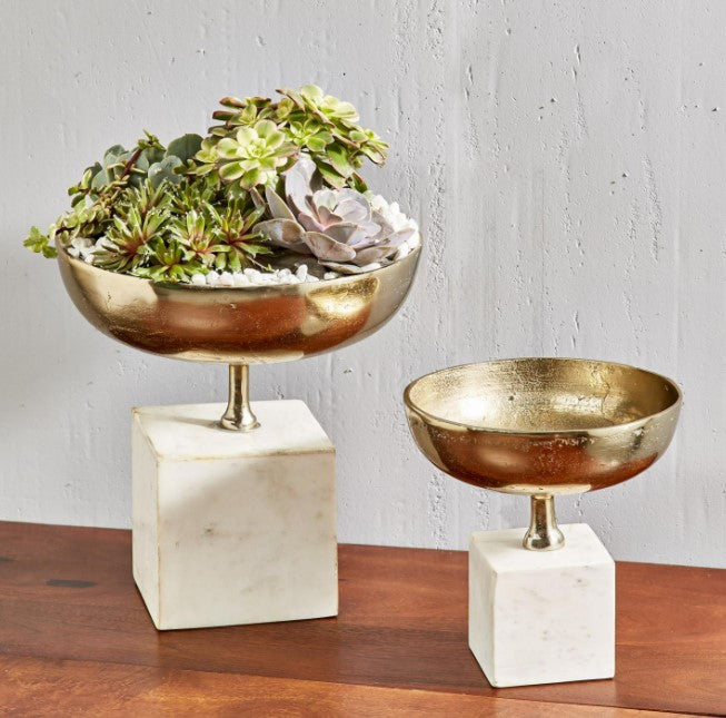 Set of 2 Chalice Bowl Sculptures on Marble Base - Recycled Aluminum/Bronze/Marble