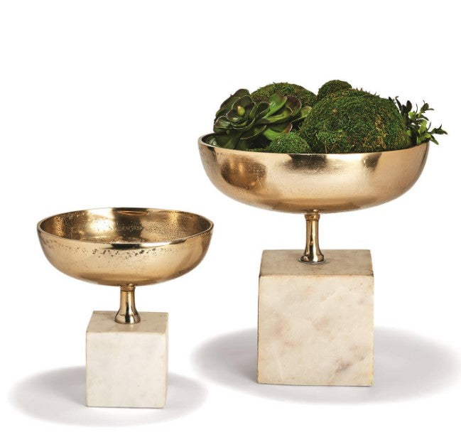Set of 2 Chalice Bowl Sculptures on Marble Base - Recycled Aluminum/Bronze/Marble